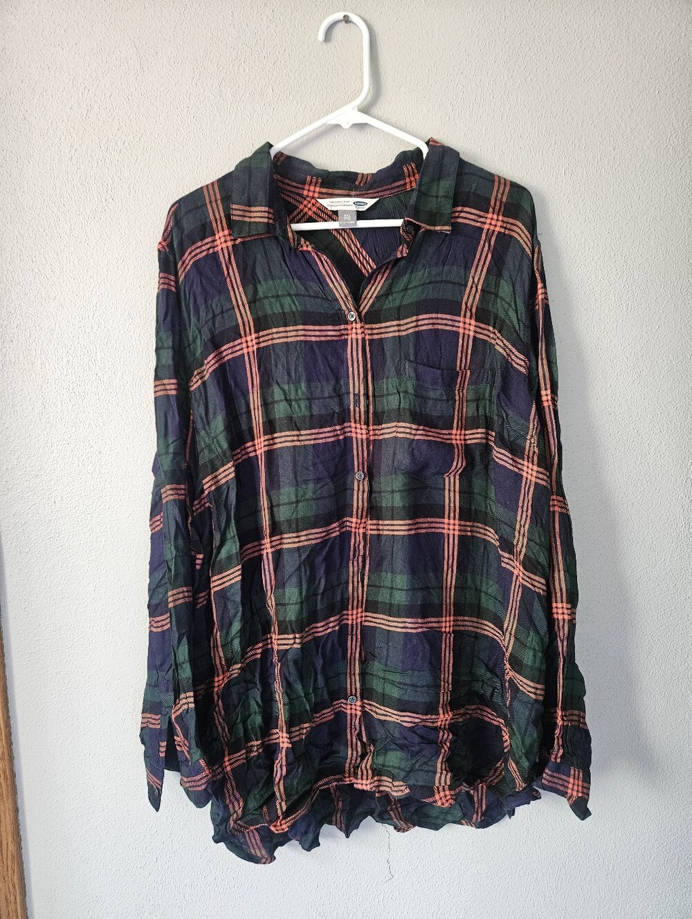 Old Navy Navy, Green & Coral Plaid Button-Down Shirt